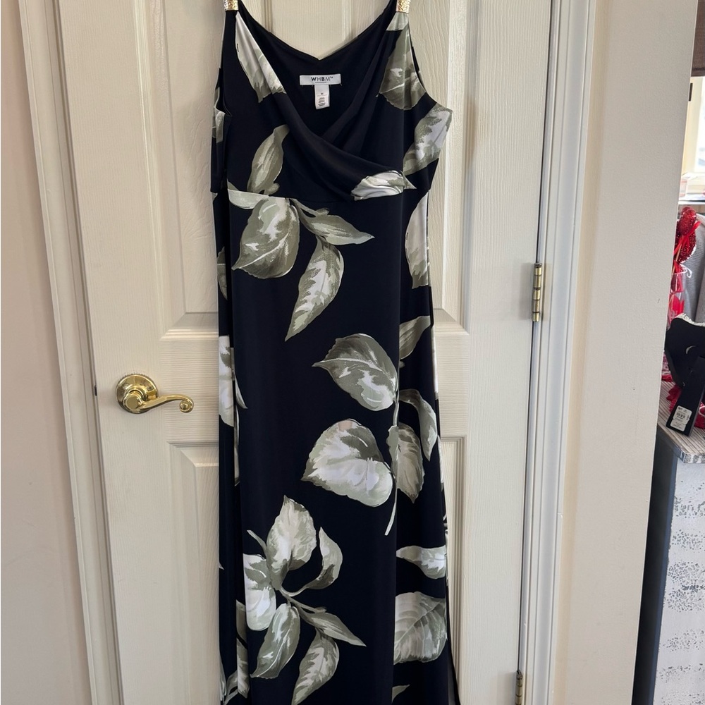 White House Black Market Black Maxi Dress with Green and White Leaf Print